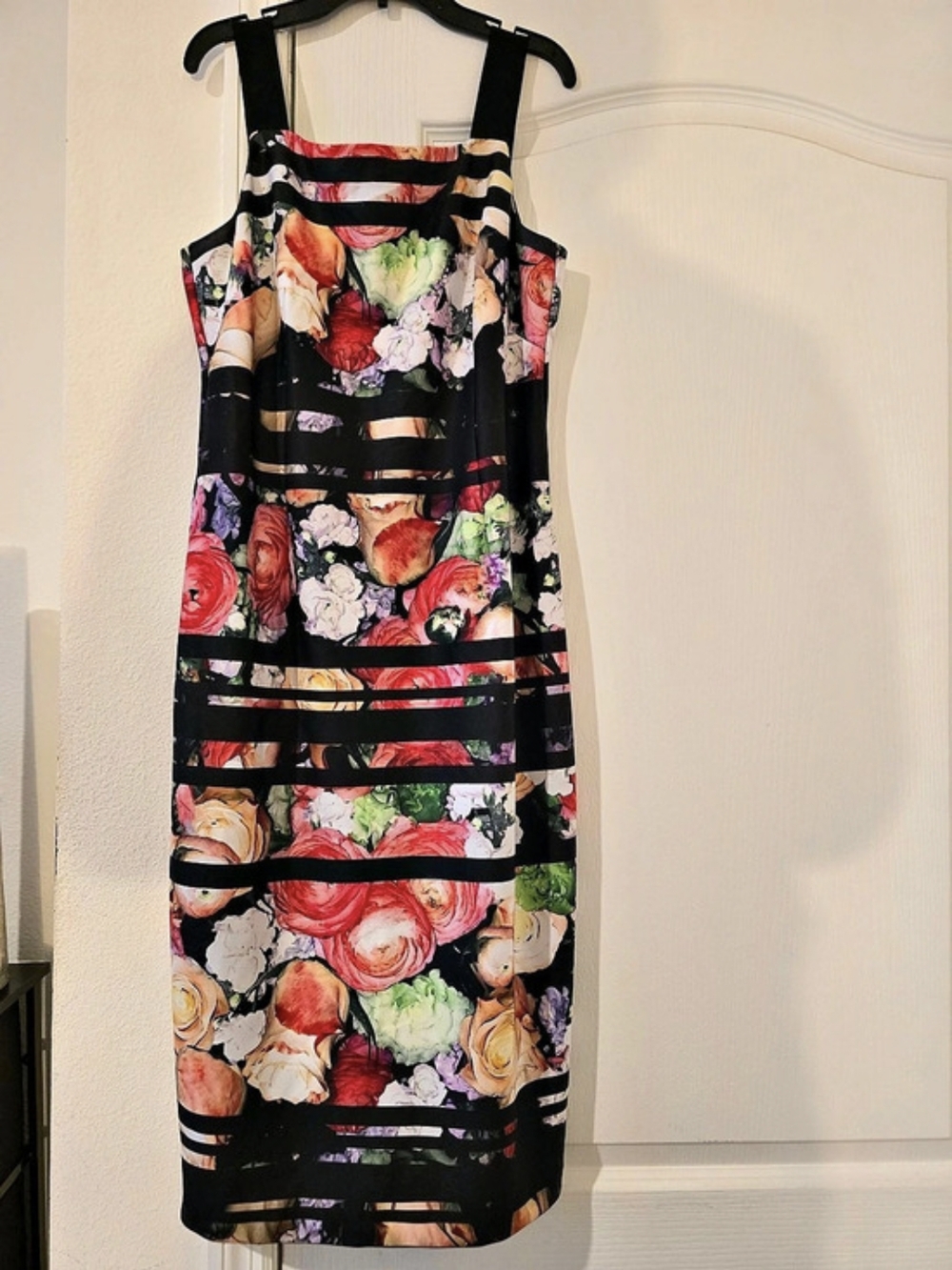 Adrianna Papell Floral Striped Scuba Sheath Dress Black & Pink Size 10